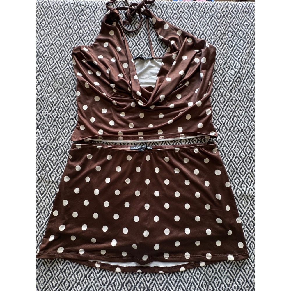 Blue Blush Brown Polka Dot 2 Piece Set Halter Cowl Neck Top and Skort Large